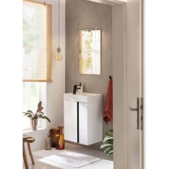 Outlet BADMOBIL Waschtischunterschrank LINUS 49 x 63 x 34,5 cm 2 Türen grifflos weiß mit schwarzer Dekorleiste