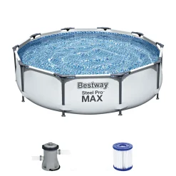 Clearance Bestway Frame-Pool-Set Steel Pro MAX mit Filterpumpe Durchmesser 305 x 76 cm lichtgrau