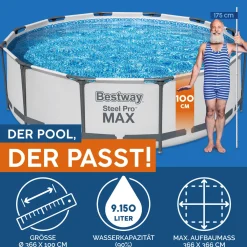 Outlet Bestway Steel Pro Max Frame-Pool-Set mit Filterpumpe Durchmesser 366 x 100 cm grau