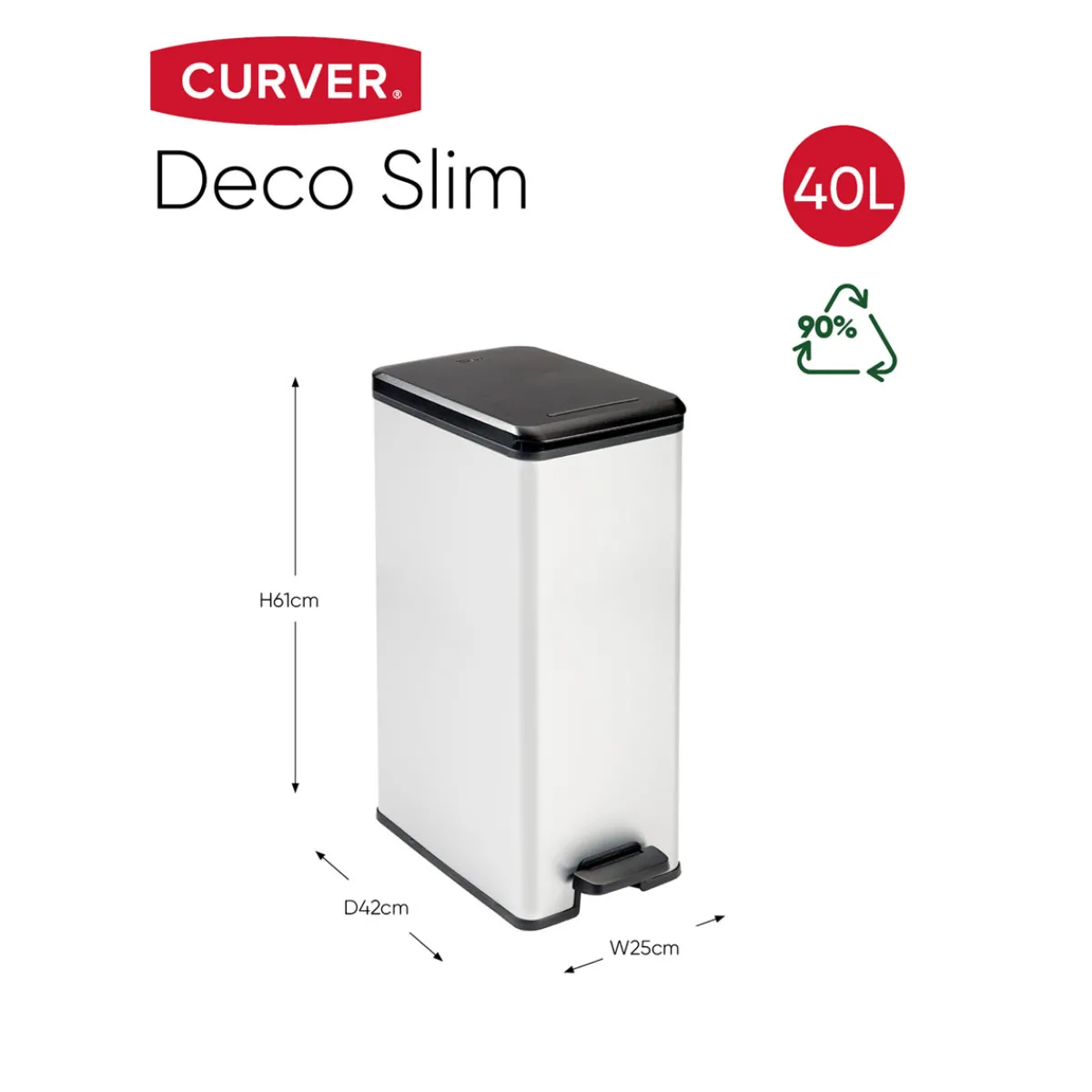 Outlet Curver Mülleimer DECO Bin SLIM 40L mit Pedal schwarz silber metallic