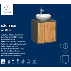 Outlet Gaeste-Waschbeckenunterschrank Tim, Farbe: anthrazit/Wotan, Eiche, 1 Tür, inkl. Keramik-AWT, B40cm