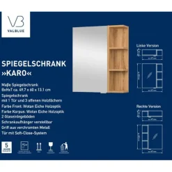 Sale Gäste Spiegelschrank Karo Wotan Eiche, 1 Tür, 4 offene Fächer, 2 Glaseinlegeböden, B50cm