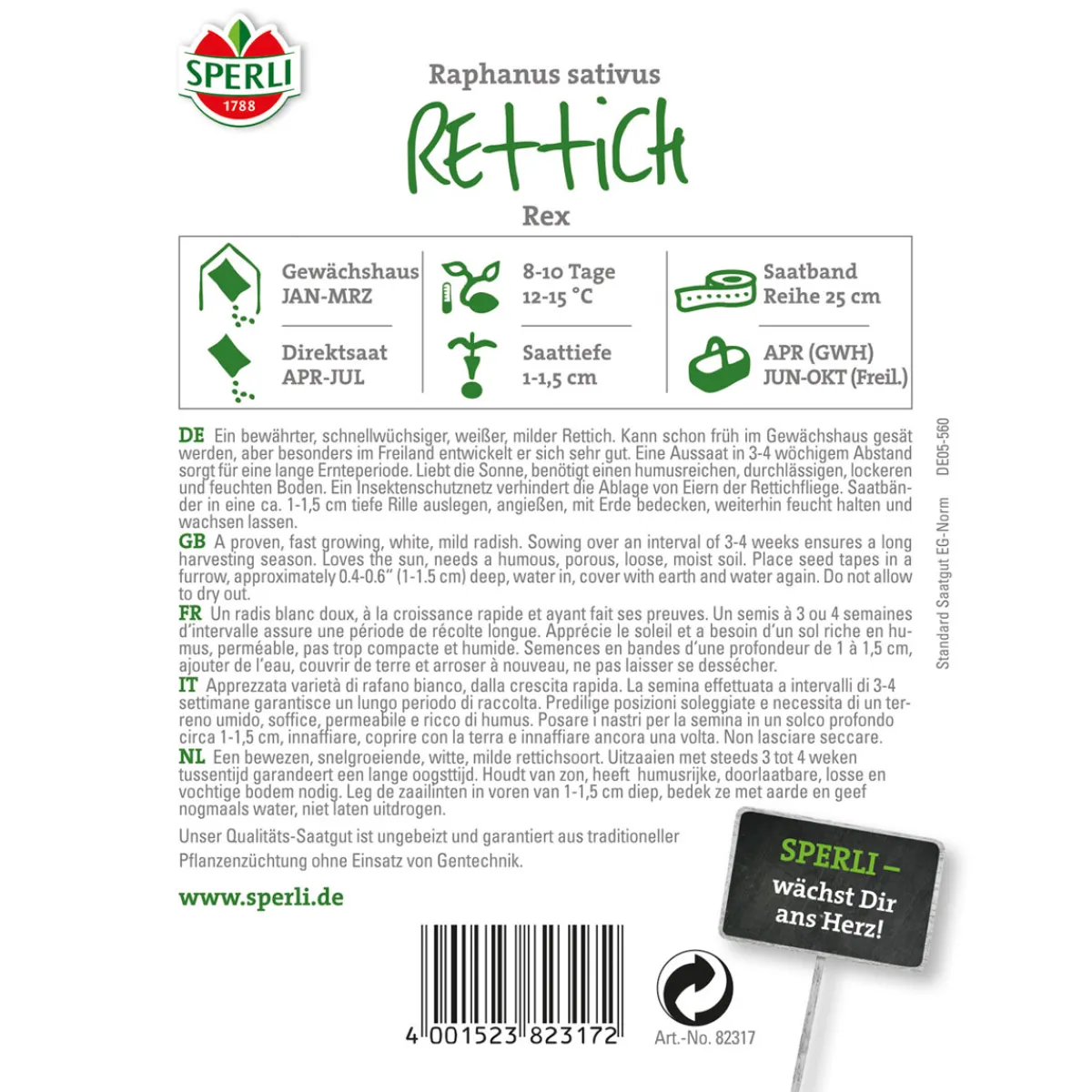Sale Sperli Rettich Rex 5 m Saatband