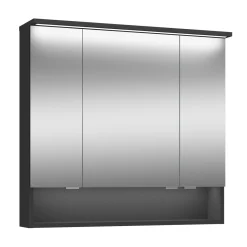 Sale Spiegelschrank Amy, 80cm, schwarz matt, 3 Türen, 1 offenes Fach, LED-Kranz u. Unterbeleuchtung