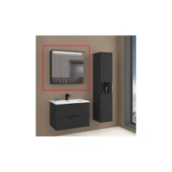 Sale Spiegelschrank Amy, 80cm, schwarz matt, 3 Türen, 1 offenes Fach, LED-Kranz u. Unterbeleuchtung