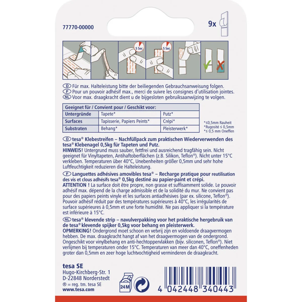 Discount Tesa Klebestreifen für Tapete und Putz 9 Stück Traglast 9 x 0,5 kg