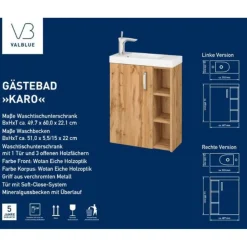 Best Valblue Gäste-Waschbeckenunterschrank Karo Wotan Eiche, inkl. MG-Becken, 1 Tür, 3 offene Fächer B51cm