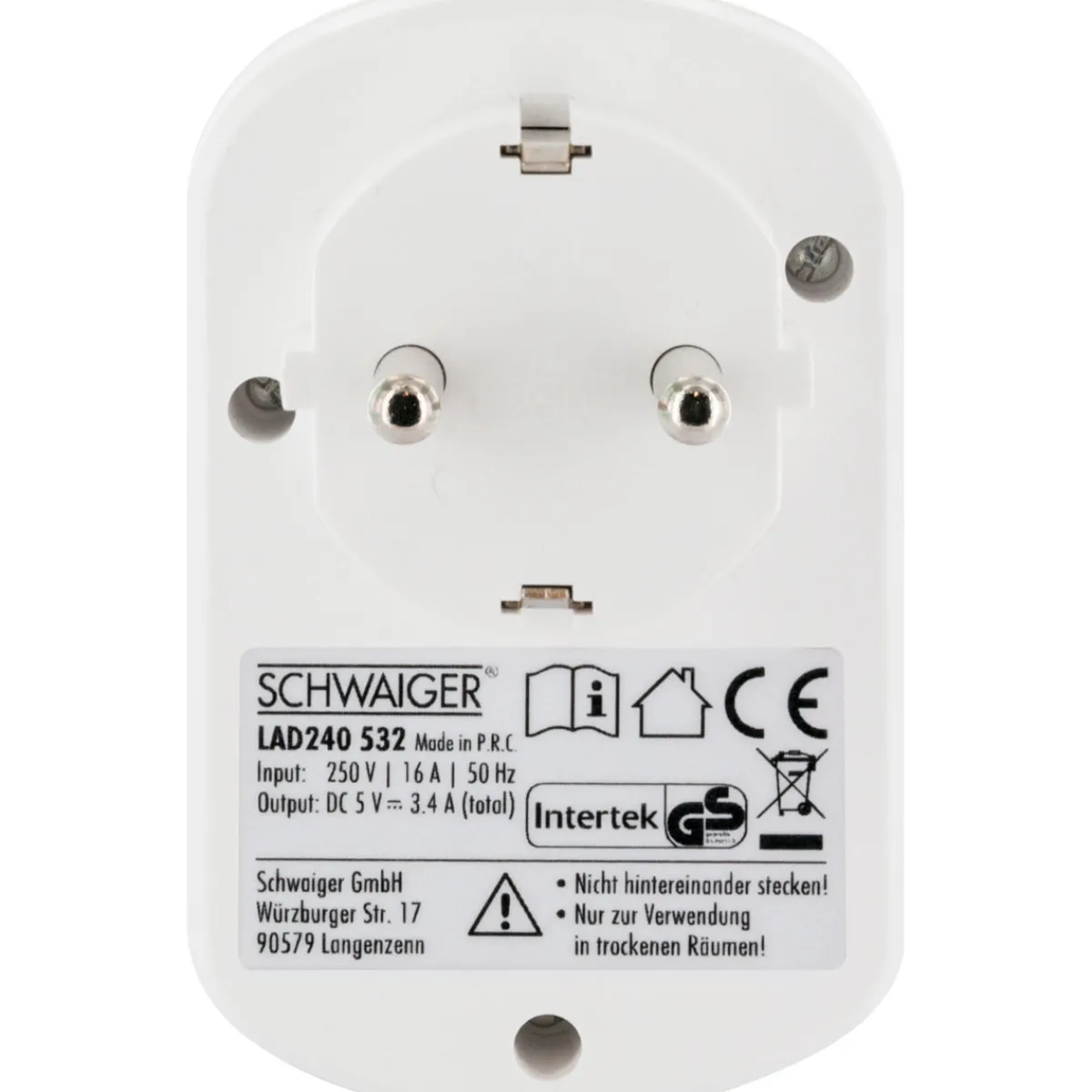 Outlet Schwaiger 230V Ladeadapter m. Steckd. 2xUSB 3.4Aweiss